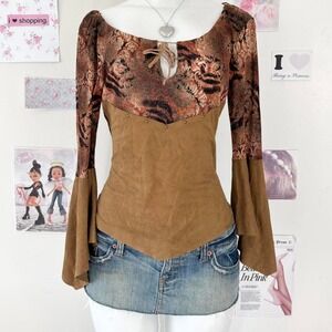 Tovia Y2K Brown Corset-Style Bell Sleeve Top Lace-Up Size L